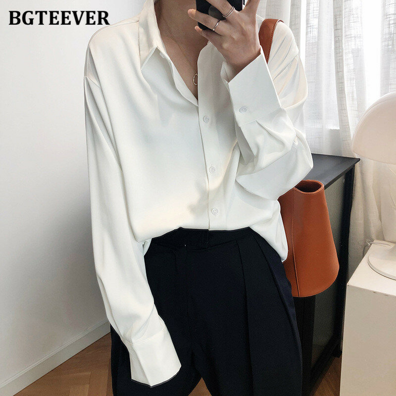 BBTEEVER 2020 Neue Chic Frauen Satin Shirts Langarm Solide Drehen Unten Kragen Elegante Büro Damen Arbeitskleidung Blusen Weibliche