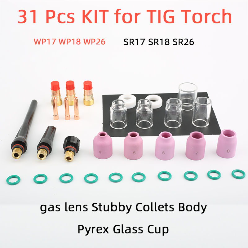 Kit de soldadura Tig, lente de gas, cuerpo rechoncho, taza de vidrio Pyrex para tig torch wp17/18, electrodo tig wp 26, accesorios de soldadura