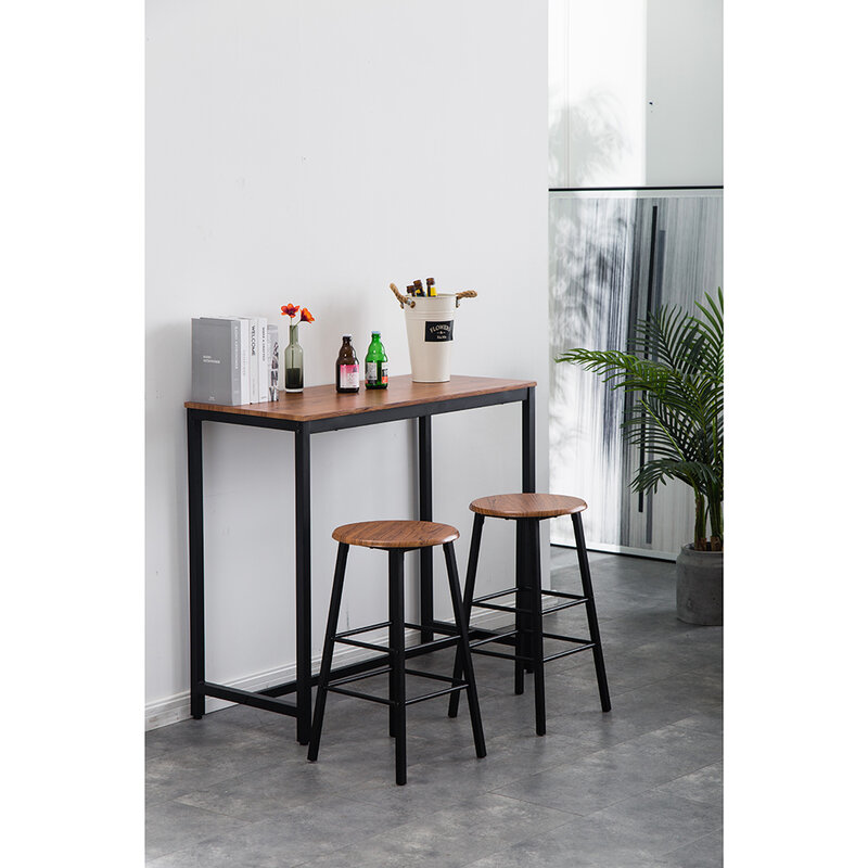 PVC Wood Grain Simple Bar Table Set Tound Bar Stool (One Table And Two Stools) 【107x47x92cm】