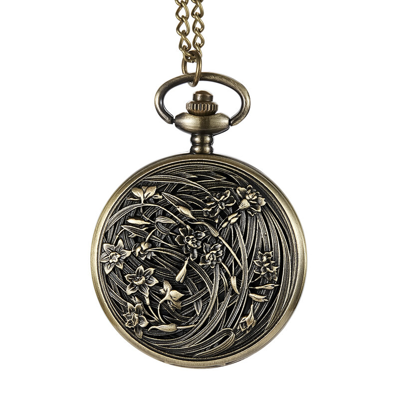Vintage Steampunk Flower Hollow Bronze Quartz Pocket Watch Fob Chain Hand Wind  Necklace Clock Men Womens Gifts