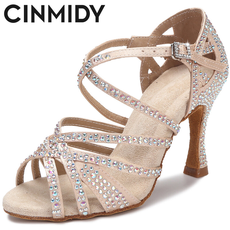 CINMIDY-Saltos altos para mulheres, sapatos de dança latina, fundo macio strass, sapatos salsa, sandálias femininas dançantes, sapatos de casamento, 7,5 cm