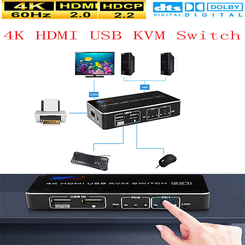 2 포트 HDMI USB KVM 4K 스위처 분배기, 4K @ 60Hz RGB/YUV 4:4:4 HDR HDMI 2.0 스위처 2x1, 공유 프린터 키보드 마우스
