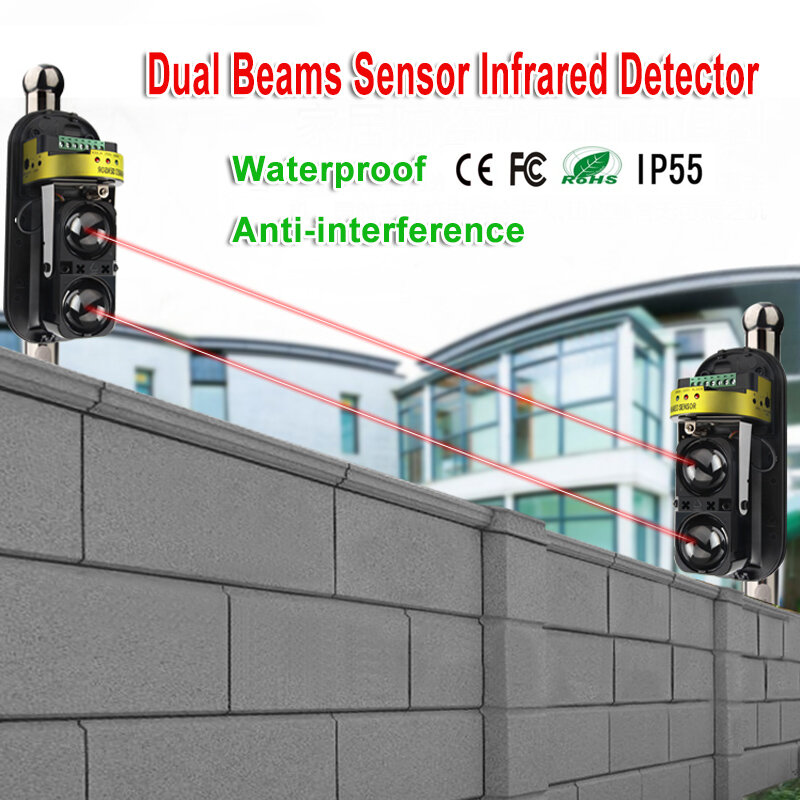 KinJoin Detektor Sensor Balok Inframerah Ganda untuk Sistem Alarm Keamanan Pencuri Rumah Berkabel 30M ~ 150M Dinding Perimeter Luar Ruangan