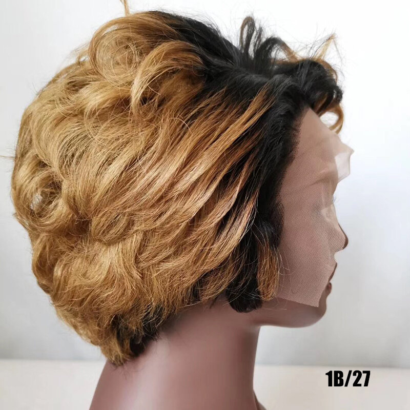 Dreamdianan 100% perucas de cabelo brasileiro curto pixie corte ombre encaracolado peruca dianteira do laço remy cabelo humano onda água 13x4 laço peruca frontal