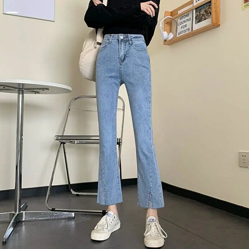 Jeans Suar Berbelahan Pinggang Tinggi Musim Semi Musim Panas untuk Wanita Celana Denim Panjang Pergelangan Kaki Ramping Elastis Celana Panjang Streetwear Kasual Wanita