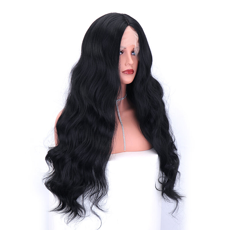 JUNSI długa syntetyczna czarna falista perka na siateczce dla kobiet włosy syntetyczne z naturalną linią włosów koronki żaroodporne włosy