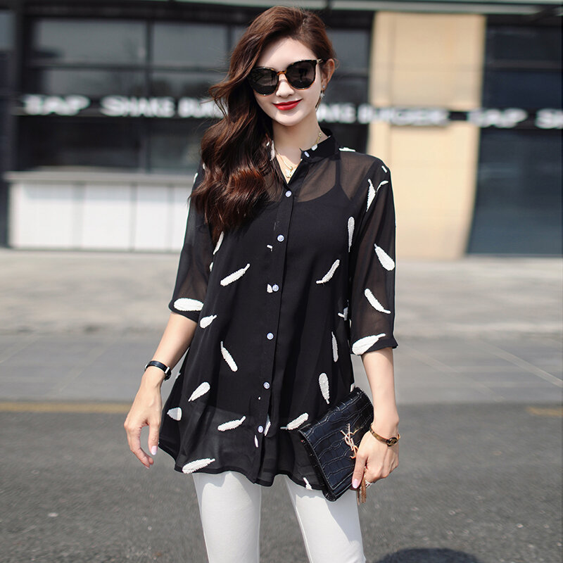 Blouse Women 2020 Plus Size  Women's Shirt Chiffon Ladies Tops Long Sleeve Clothes Summer Style Embroidery Clothes