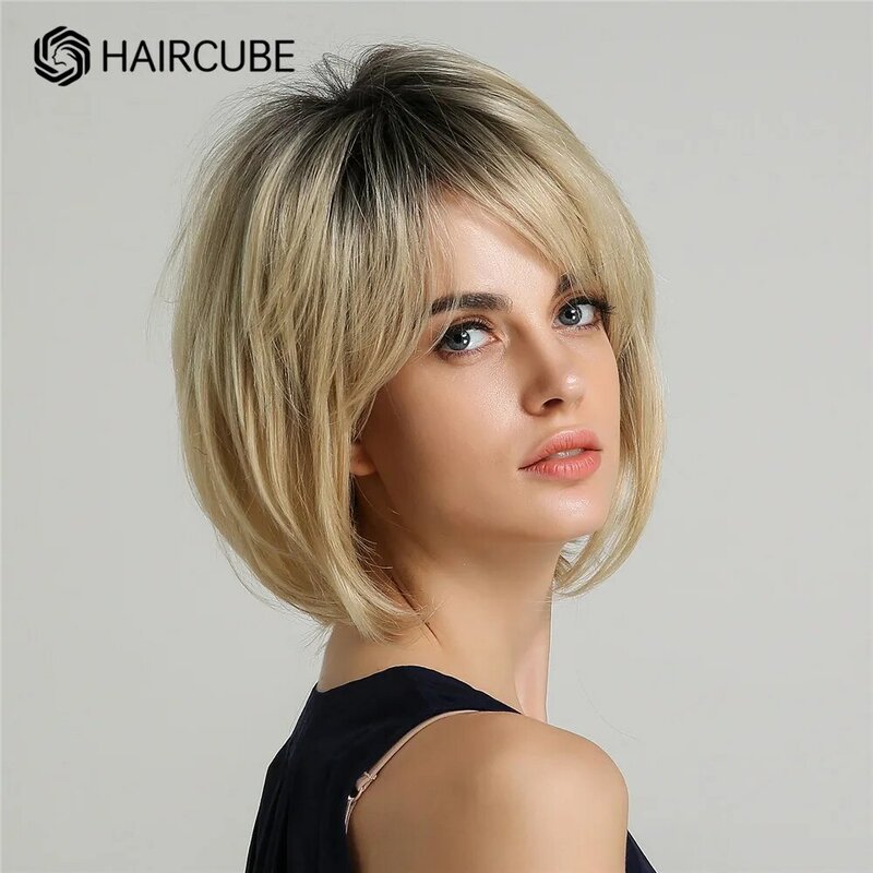 HAIRCUBE Short BoBo Wig with Side Part Bang Ombre Black Golden Human Hair Blend Wigs for Women Heat Resistant Natural Soft Fiber