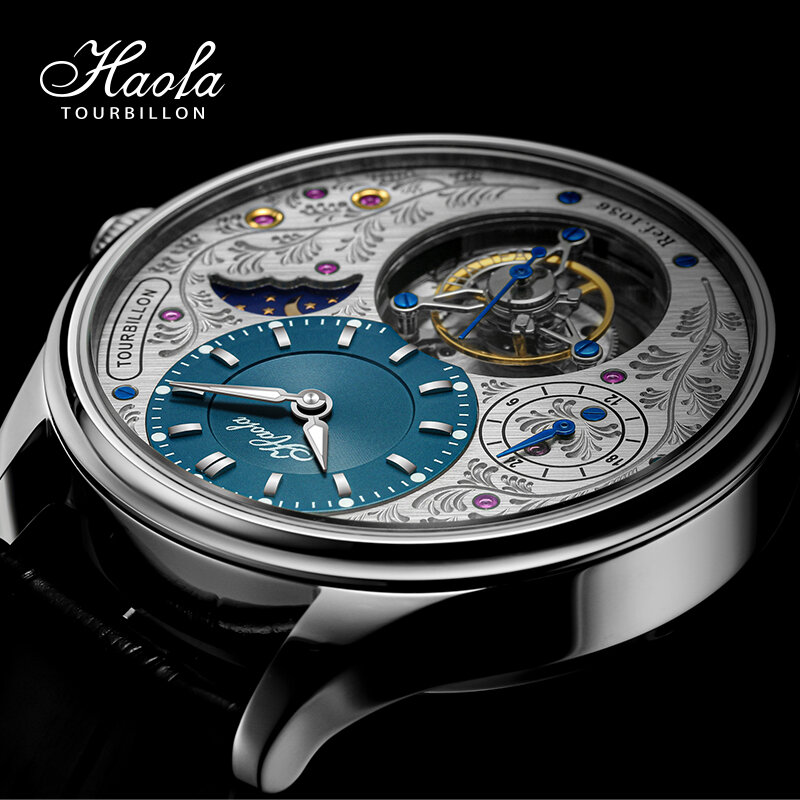 Haofa-Relógios mecânicos para homem, esqueleto manual, GMT, movimento turbilhão, safira rotativa, dia e noite, casual, 1036