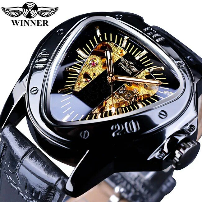 Męski zegarek mechaniczny luksusowy skórzany pasek wzór trójkąta zegarki sportowe automatyczne zegarek mechaniczny Relogio Masculino