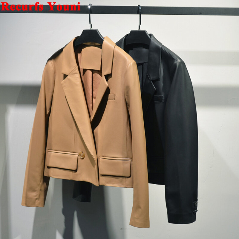 Chaqueta de traje para Mujer, Tops de cuero genuino, abrigo corto negro, chaqueta de oficina con solapa Simple, 2023
