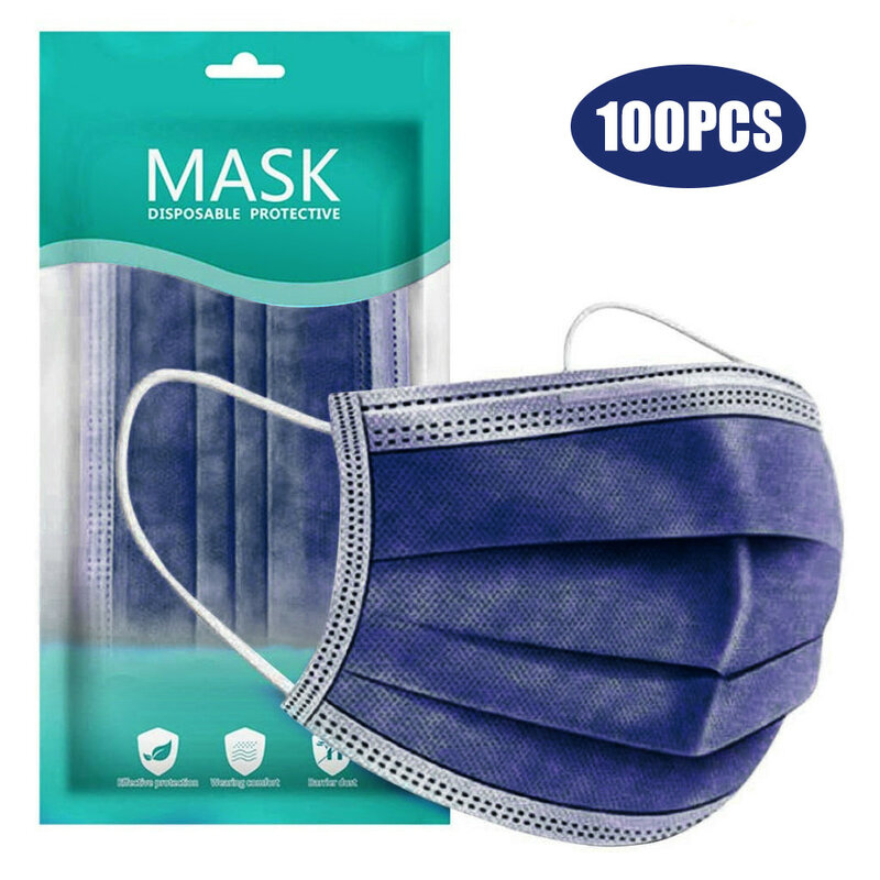 Masque Facial jetable bleu foncé, 10 pièces, masque Facial personnel, coupe-vent, respirant, 3 plis, boucle d'oreille, Style fin