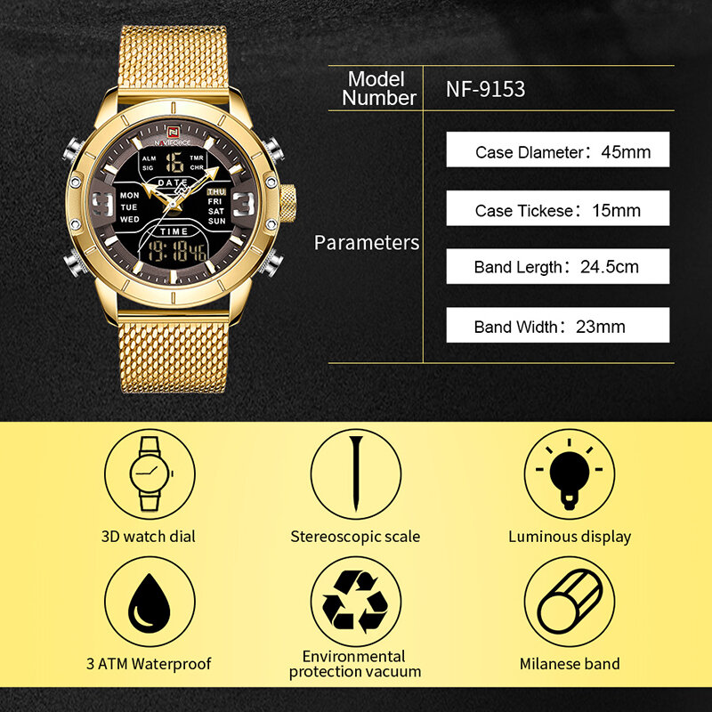 NAVIFORCE-Relógio de pulso quartzo masculino, aço inoxidável, relógio digital LED, esporte militar, marca de luxo superior