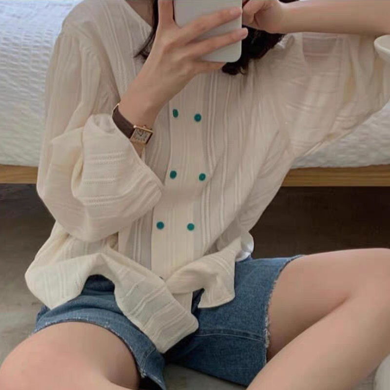 Frauen Doppel-breasted Koreanische Süße Rundhals Bluse Plissee Stitching Design Shirts Lose Puff Sleeve Shirt Top Blusas 15871