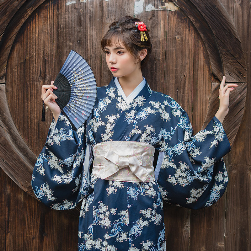 Кимоно женское в винтажном стиле, аксессуар для косплея, юката, с красивым бронзовым цветочным принтом, бандаж на талии