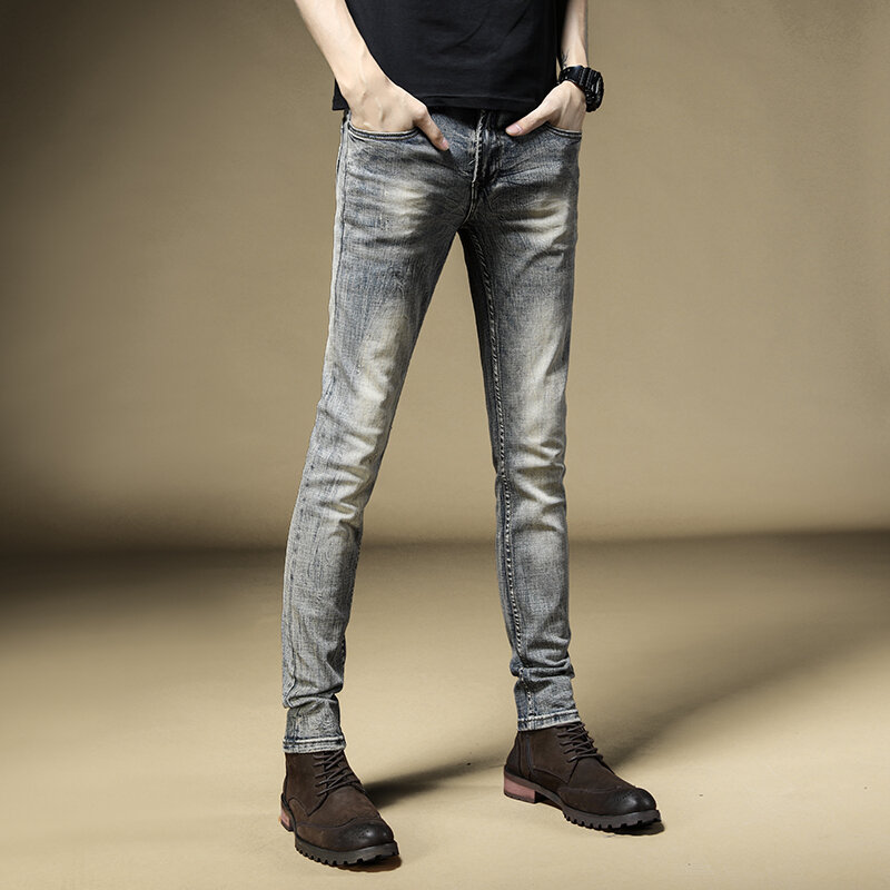 Autumn Men Vintage Jeans Retro Blue Cotton Straight Slim Fit Pants Streetwear Denim Trousers