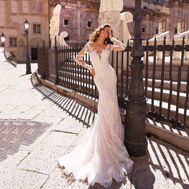 LoveDress gaun pengantin putri duyung, gaun renda leher V 2023 lengan panjang dengan gaun pengantin Boho yang dapat dilepas