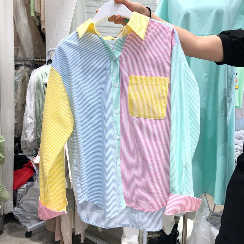 Korea Zomer Vrouwen Mode Hit Kleur Gestreepte Lange Mouw Casual Shirts 2021 Vrouwelijke Turn Down Kraag Chic Casual Blouses Top