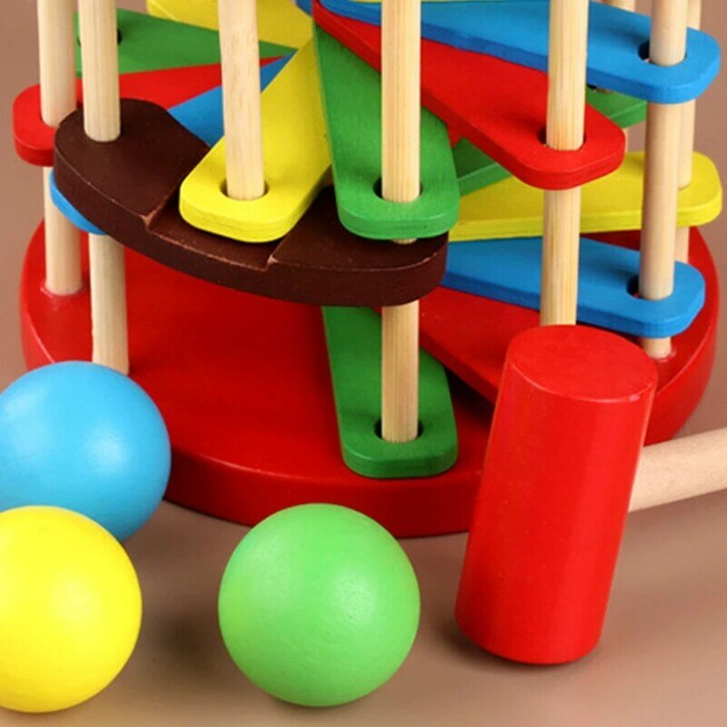 Wooden Ball Drop Hammering Toy Colorful Ladder Hammer Knock Early Educational Classic Pounding Stairs Toy for Kids Baby,dropship