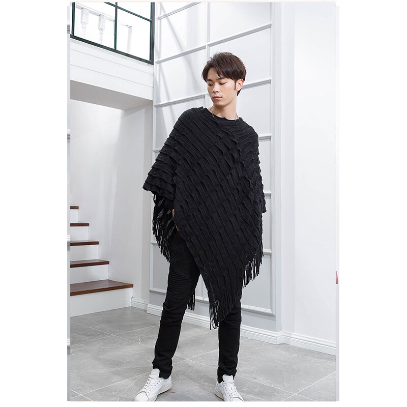Shawl men's Korean fashionable and handsome knitted sweater Cape tassel crew neck for all kinds of wear, shoulder protection and