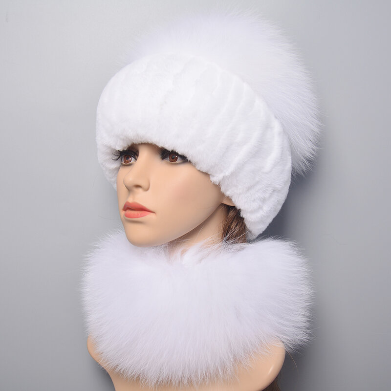 Hot Sale Winter Outdoor Brand Women Real Rex Rabbit Fur Scarf Hat Warm Real Fox Fur Cap Ring Shawl Natural Fox Fur Scarves Hats