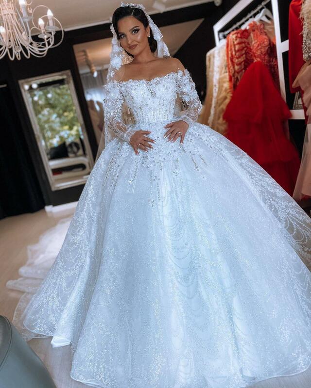 Vestidos de novia de talla grande, estilo árabe, lujoso, Sexy, de encaje, cristales, manga larga, cuello transparente