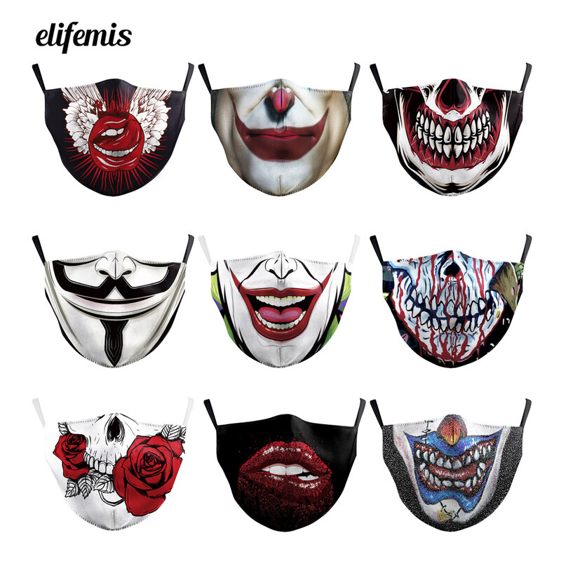 Забавные Jokers смайлик клоун мемы губы маска для лица для пыли Моющиеся Многоразовые рот маска дышащий Череп Скелеты шаблон
