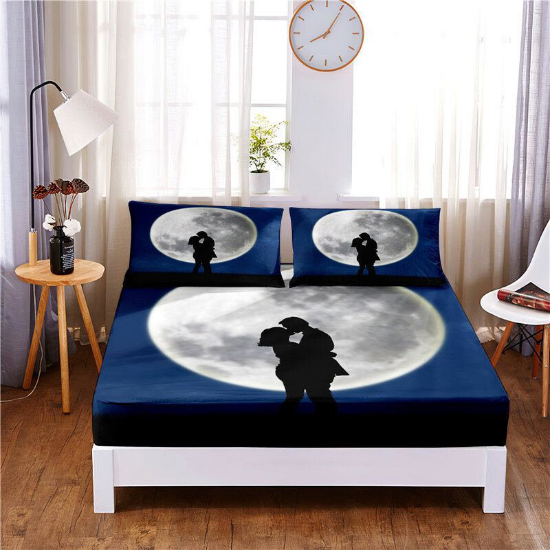 Moon Sky พิมพ์ดิจิตอล3Pc โพลีเอสเตอร์ติดตั้งแผ่นผ้าคลุมฟูกสี่มุมผ้าปูที่นอนผ้าปูที่นอนปลอกหมอน