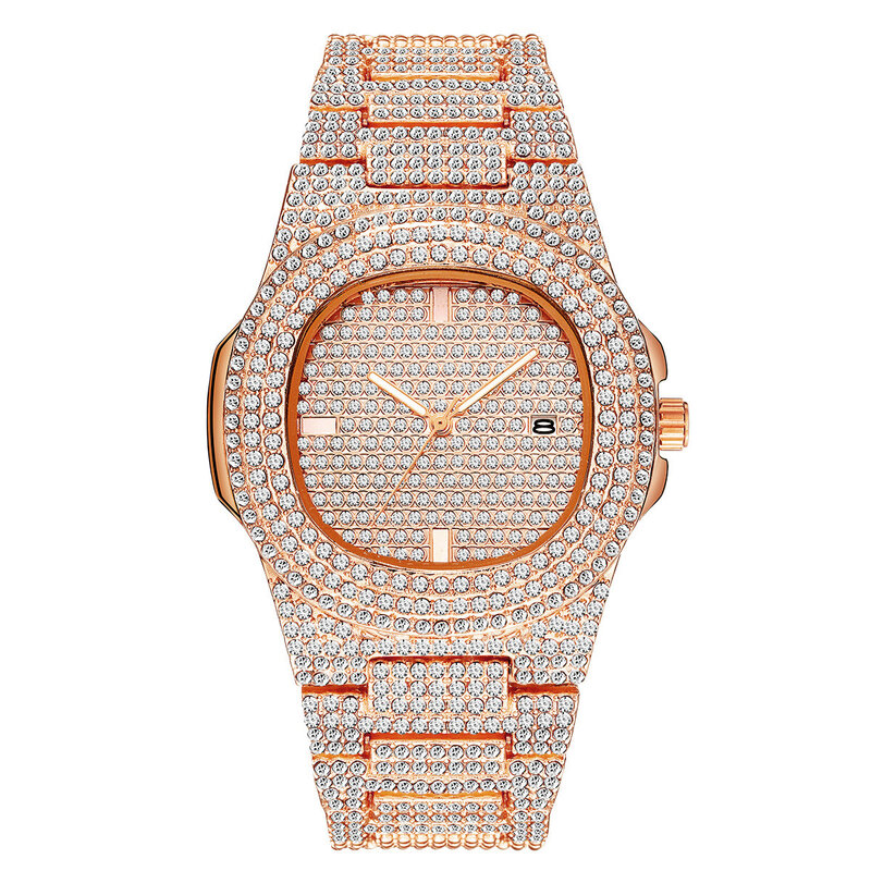 Relógio luxuoso masculino e feminino de cristal, relógio de pulso de diamante em aço inoxidável de quartzo com data social para homens e mulheres