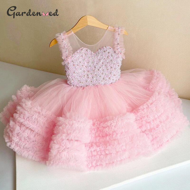 Gardenwed-Robe de princesse rose perlée pour enfants, robe de première communion bouffante, robes de demoiselle d'honneur mignonnes, robe de fille
