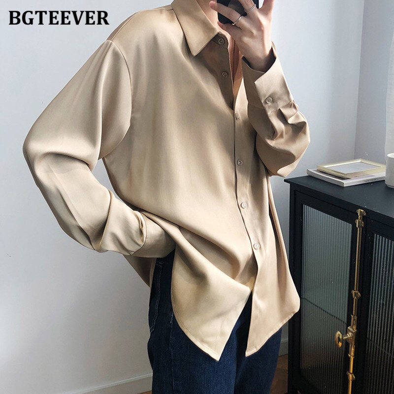 BBTEEVER-camisas de satén de manga larga para mujer, blusas elegantes con cuello vuelto, ropa de trabajo para oficina, 2020