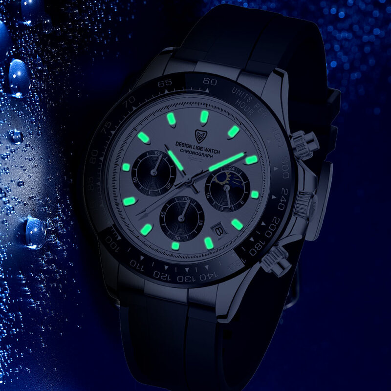 Часы наручные LIGE Мужские кварцевые с хронографом, брендовые Роскошные спортивные водонепроницаемые с силиконовым ремешком, с коробкой