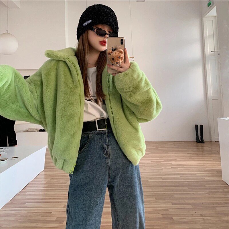 캐주얼 인조 모피 숏 스탠드 칼라 플러시 코트 및 재킷 여성용, 한국 스타일, 녹색 외투, 두껍고 따뜻한, 2023, 겨울