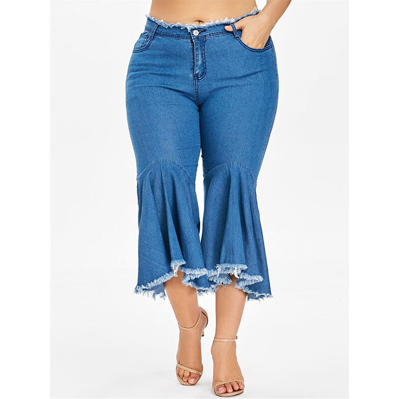 Calças jeans femininas de cintura alta com babado, irregular, plus size, 5xl, calças de perna larga, algodão, moda feminina a842