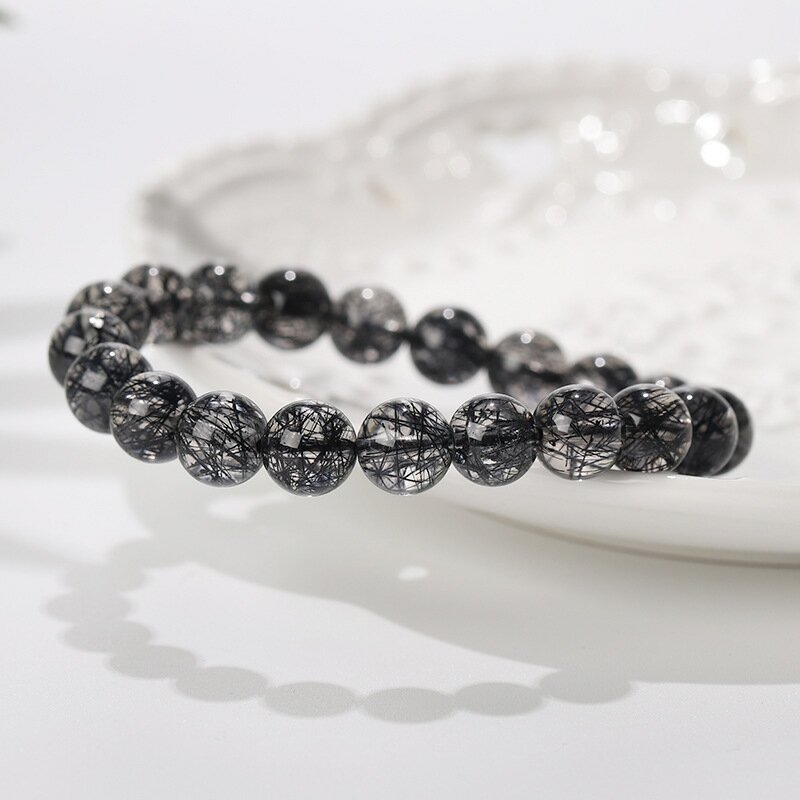 Natural preto rutilated quartzo pulseira de cristal feminino masculino rutilated 8mm claro contas redondas pedra rica do brasil aaaaaaa