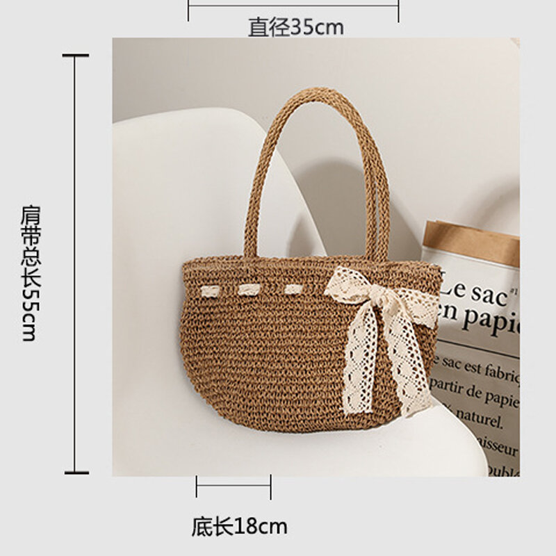 Bowknot Woven Bag Female 2021 New Shoulder Portable Hand-Woven Straw Bag Seaside Vacation Beach Bag Tide