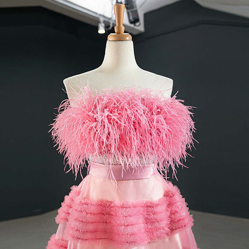 女性のためのピンクの羽,ロマンチックな夜会服,長い,ストラップレス,エンパイアスタイル,家のためのエレガントなイブニングドレス