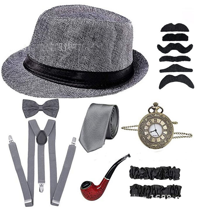Grande Gatsby Halloween Cosplay masculino, conjunto de acessórios gangster, Fedora, chapéu de jornaleiro, suspensórios, braçadeiras, gravata borboleta amarrada, década de 1920