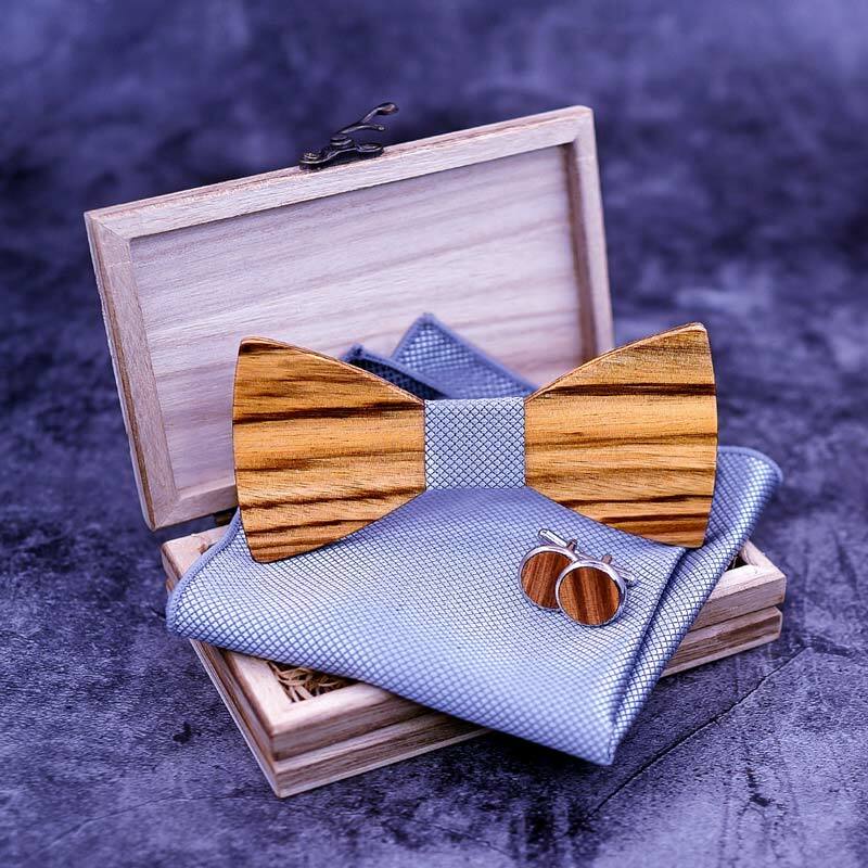 Set kancing manset dasi kupu-kupu pria, kayu bergaris kayu dengan kotak kayu untuk hadiah pernikahan