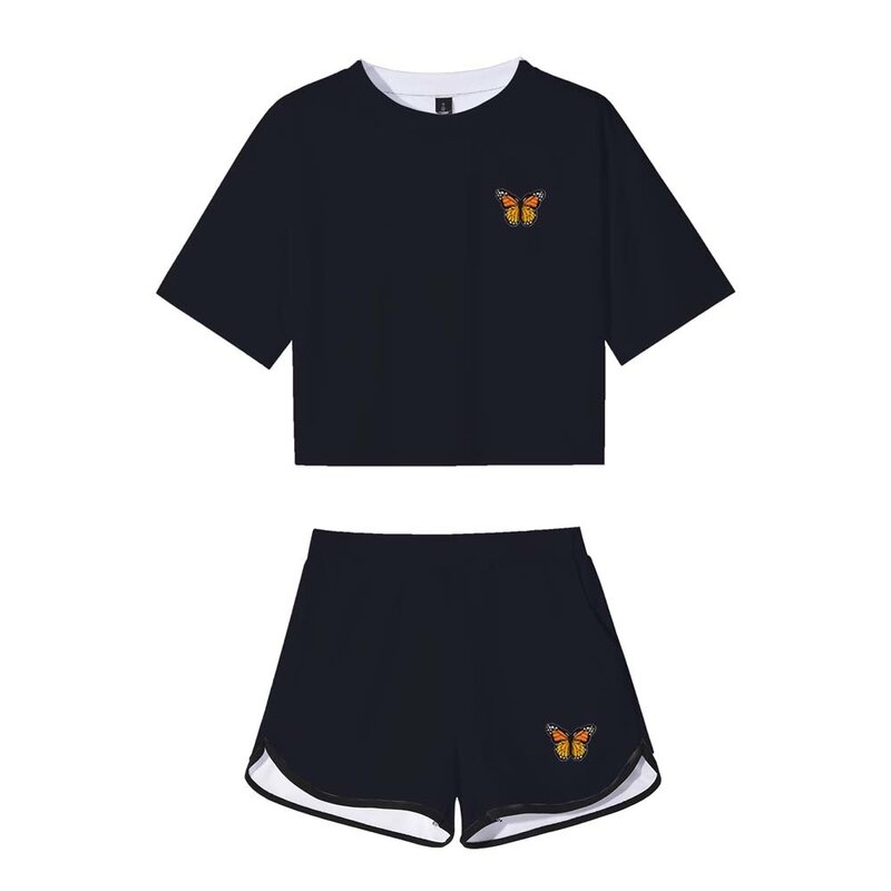 하트 핑거 크롭 반바지 정장 솔리드 블랙 3D 프린트 티셔츠 바지 투피스 세트 여성 운동복 복장 여름 귀여운 매칭