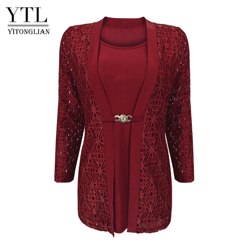 Ytl女性エレガントな長袖中空かぎ針編みプラスサイズブラウスシャツ秋冬トップスワークオフィスh384b