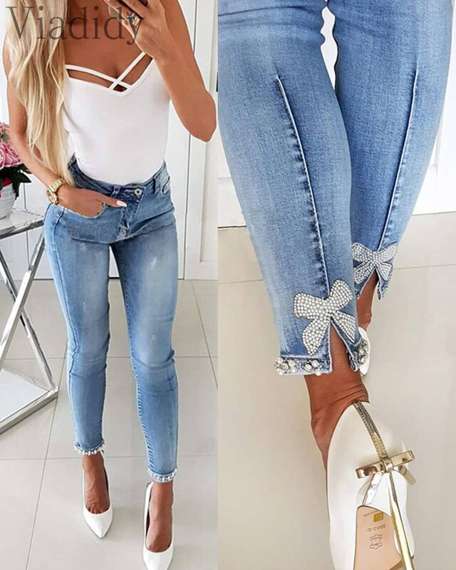High Quality Zipper Design Bowknot Detail Jeans High Waist Sexy Push Up Slim Long Pants