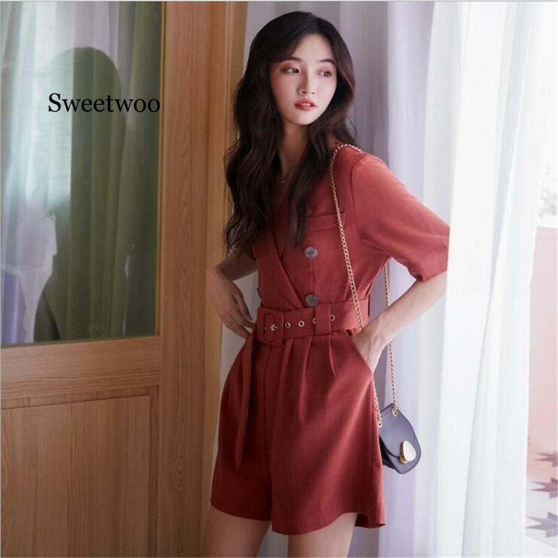 New brick red suit collar double-breasted high-waisted jumpsuit, loose summer shorts jumpsuit