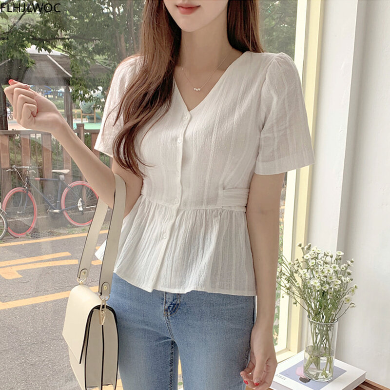 Блузка женская короткая с пышными рукавами, приталенная рубашка с баской, на завязках, с оборками, в Корейском стиле, милая японская одежда, Flhjlwoc, на лето