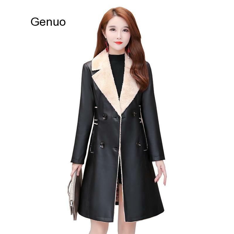 女性の冬のpu毛皮のコートのファッションヒョウ柄ラペルダブルブレスト追加ベルベット厚み長さプラスサイズのジャケット