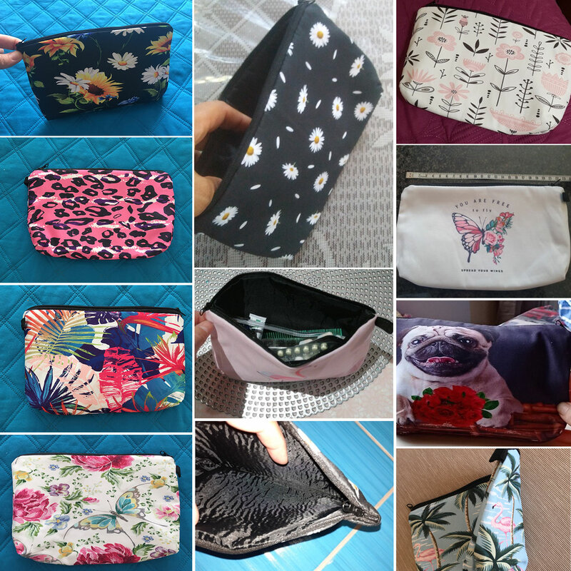Bolsas de cosméticos informales para mujer, bolsa de maquillaje con estampado de animales de viaje, práctica, bonita, con patrón de gato de dibujos animados de flores