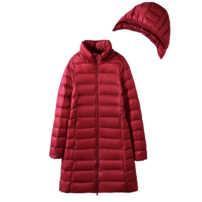 Casaco de inverno com capuz destacável para mulheres, jaqueta Puffer Down portátil, casaco longo ultraleve, novo, 2023