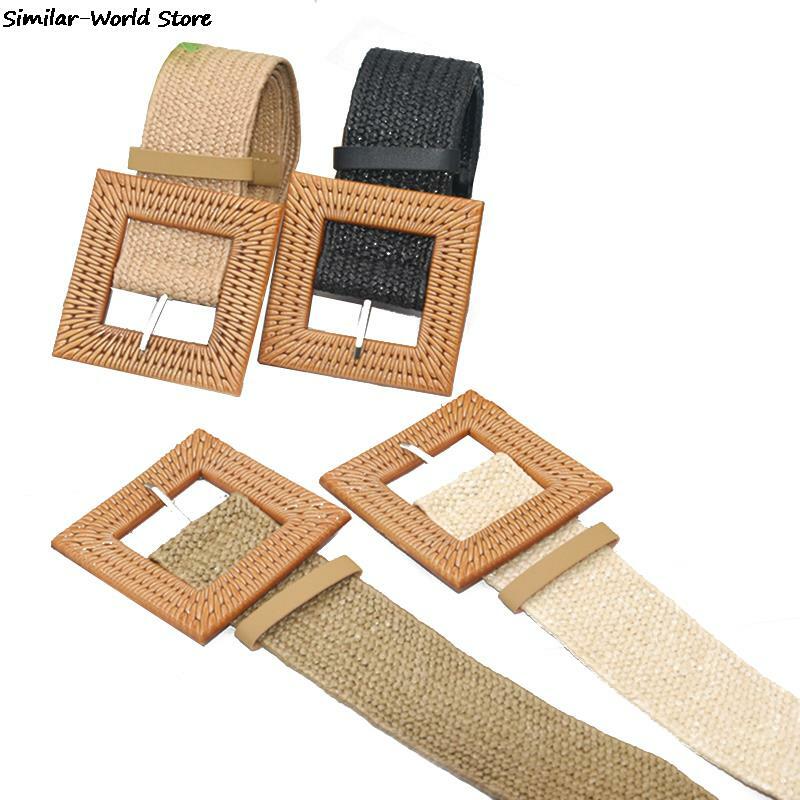 Summer Elastic Imitate Woven Straw Waist Belts Square Buckle Adjustable Woven-straw Waistband Bohemian Beach Dress Belts Hot