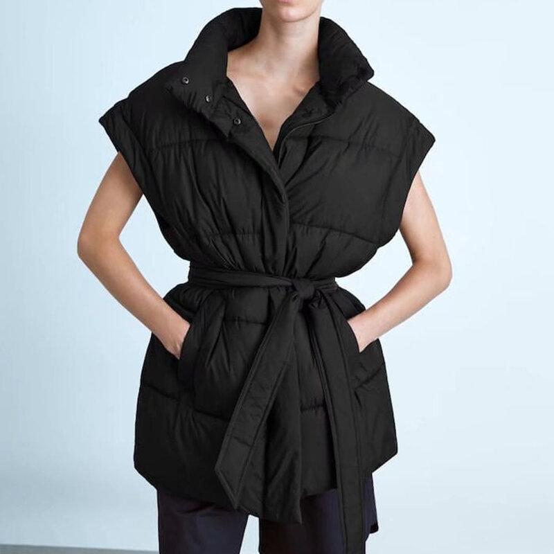 Gilets à col montant pour femmes, manteaux élégants à la taille avec fermeture éclair, poches décontractées, veste d'hiver pour dames, 2022