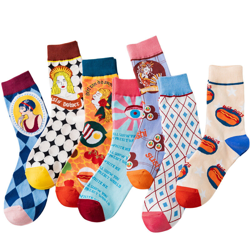 Шикарные Мультяшные Портретные женские хлопчатобумажные носки Модные трендовые красочные жаккардовые Веселые носки новинка креативные художественные носки Harajuku